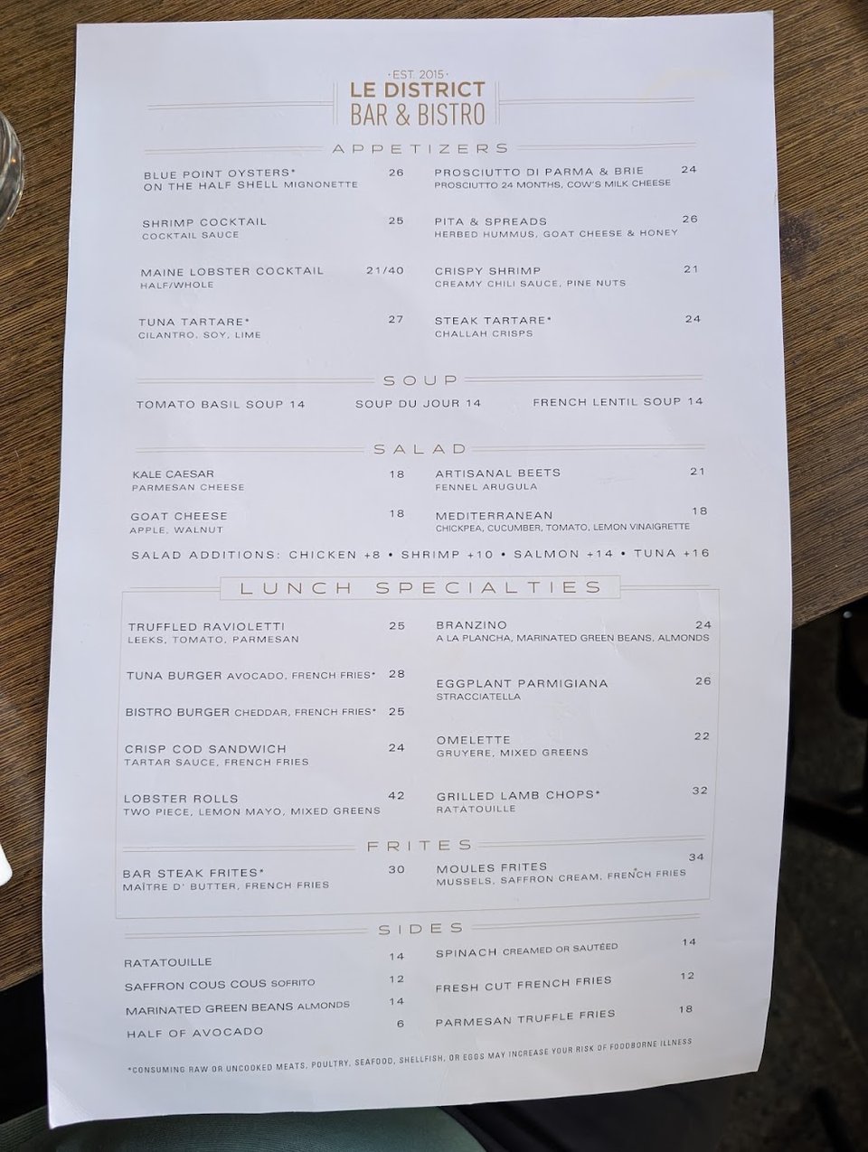 Menu board with salads, sandwiches, and pizza.