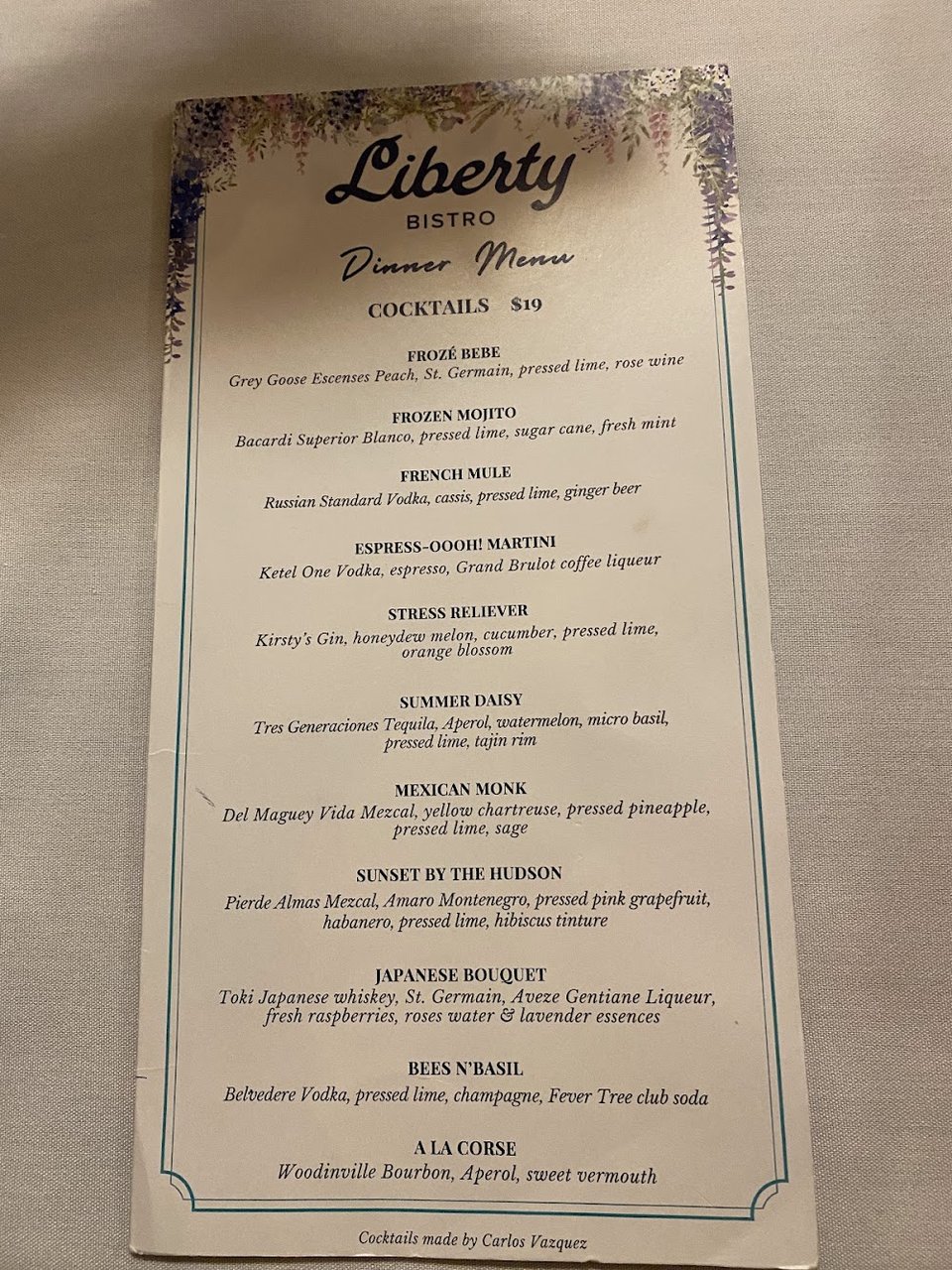 Restaurant menu with French bistro selections.